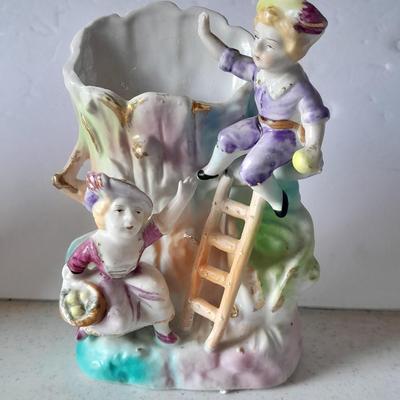 Vintage 9" hand painted porcelain tree vase with figures and vintage Japan Tankard stein