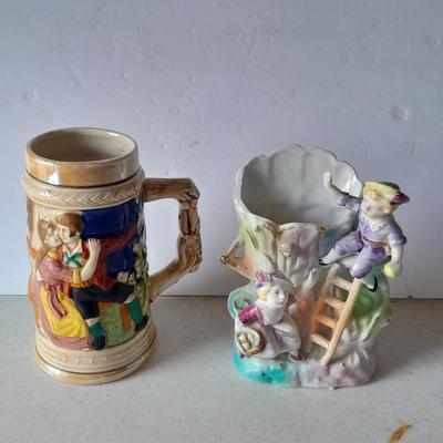 Vintage 9" hand painted porcelain tree vase with figures and vintage Japan Tankard stein