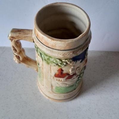 Vintage 9" hand painted porcelain tree vase with figures and vintage Japan Tankard stein