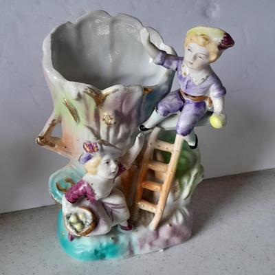 Vintage 9" hand painted porcelain tree vase with figures and vintage Japan Tankard stein