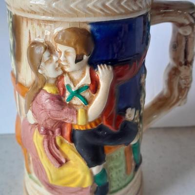 Vintage 9" hand painted porcelain tree vase with figures and vintage Japan Tankard stein
