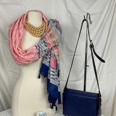 232 Pink, Blue Scraf/Wrap with Royal Blue Handbag, Flower Blue Earrings, Pearl Necklace