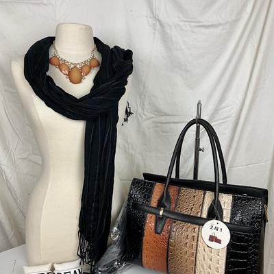234 Alligator Style Tricolored Handbag , Statement Necklace, Black Scarf, Dream & Hope Bangle Bracelets
