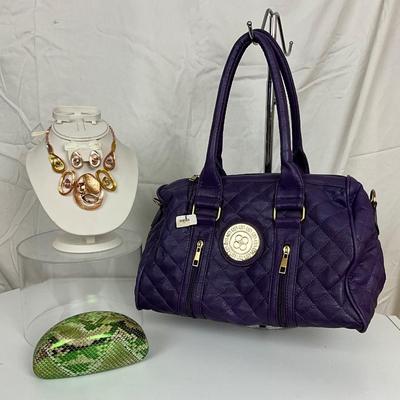 235 Purple Designer Style Handbag with Rhinestone Necklace, Snakeskin Style Eyeglass Case