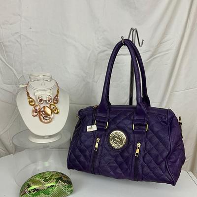 235 Purple Designer Style Handbag with Rhinestone Necklace, Snakeskin Style Eyeglass Case