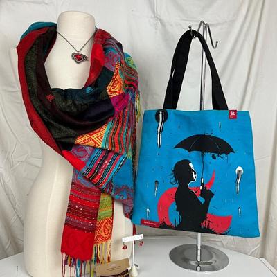 236 Raining Bullets Bag with Multicolored Shawl/Wrap and Beaded Bracelet, Heart Necklace, Beaded Earrings