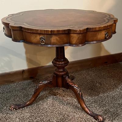 Chippendale Leather Top Drum Table, Scalloped