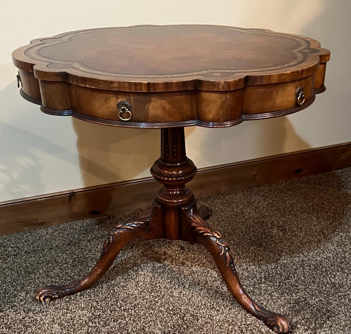 Chippendale Leather Top Drum Table, Scalloped