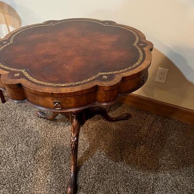 Chippendale Leather Top Drum Table, Scalloped