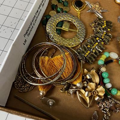 Tray of Jewels: Bracelets, Compact, Coin & Necklaces. 