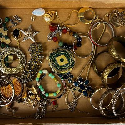 Tray of Jewels: Bracelets, Compact, Coin & Necklaces. 