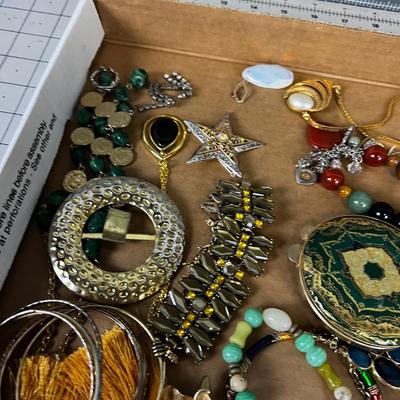 Tray of Jewels: Bracelets, Compact, Coin & Necklaces. 