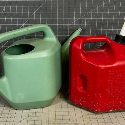 Green Plastic Watering Can and Gas Can