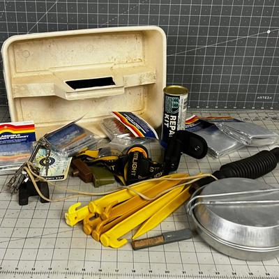 Outdoor Items Lot: Elk Call, Mess Kit, Head Lamp and Tent Pegs