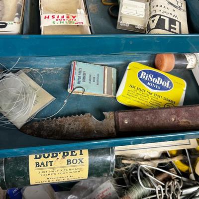 Vintage Metal Tackle  Box with Tackle and Reel 