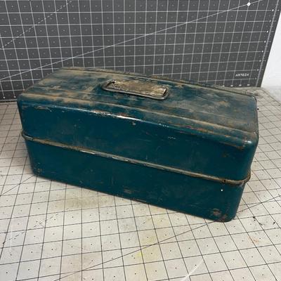 Vintage Metal Tackle  Box with Tackle and Reel 