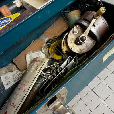 Vintage Metal Tackle  Box with Tackle and Reel 