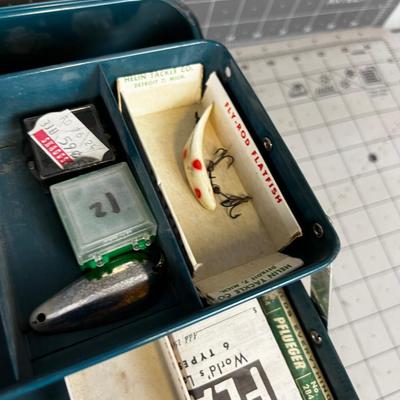 Vintage Metal Tackle  Box with Tackle and Reel 