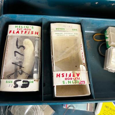 Vintage Metal Tackle  Box with Tackle and Reel 