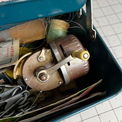Vintage Metal Tackle  Box with Tackle and Reel 