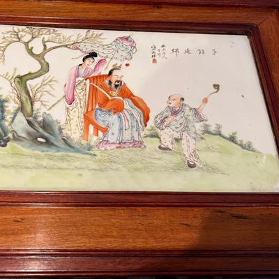 Antique Chinese Famille Hand Painted Table Screen Plaque 19th Century