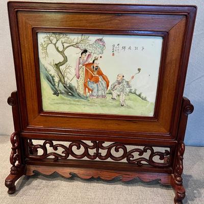 Antique Chinese Famille Hand Painted Table Screen Plaque 19th Century