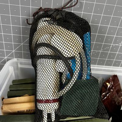 Tub of MRE Meals Plus MSR Water Purifier 