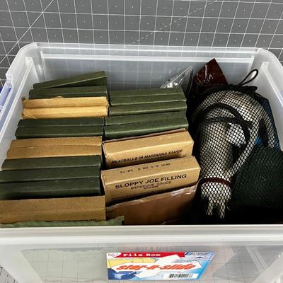 Tub of MRE Meals Plus MSR Water Purifier 