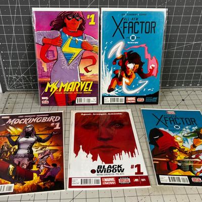 5 Marvel Comics; Black Widow, Ms. Marvel, x Factor, 