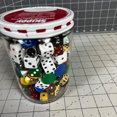 Vintage Skippy Peanut Butter Jar With Dice, Marbles and Game Pieces