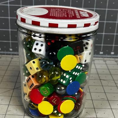 Vintage Skippy Peanut Butter Jar With Dice, Marbles and Game Pieces