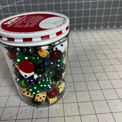 Vintage Skippy Peanut Butter Jar With Dice, Marbles and Game Pieces