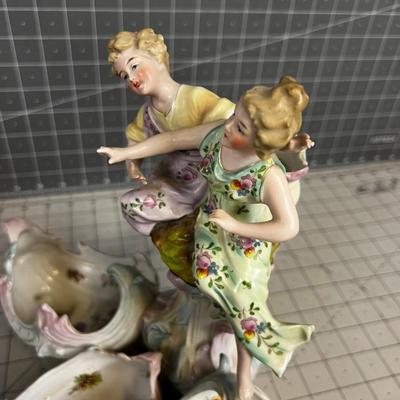 Antique Dresden Decorative Hand Painted Centerpiece Man & Woman with Cornucopias 