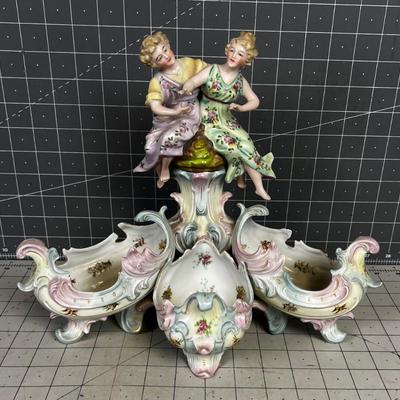Antique Dresden Decorative Hand Painted Centerpiece Man & Woman with Cornucopias 