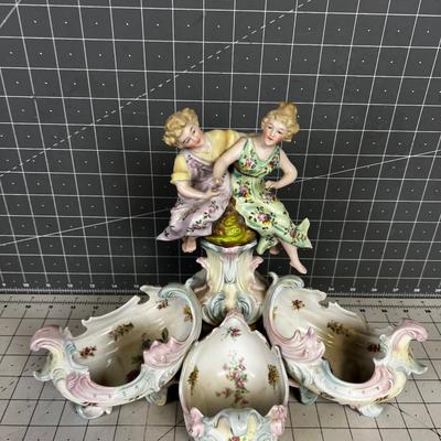 Antique Dresden Decorative Hand Painted Centerpiece Man & Woman with Cornucopias 
