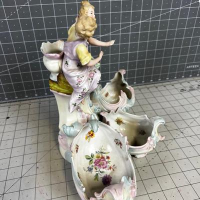 Antique Dresden Decorative Hand Painted Centerpiece Man & Woman with Cornucopias 