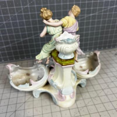 Antique Dresden Decorative Hand Painted Centerpiece Man & Woman with Cornucopias 