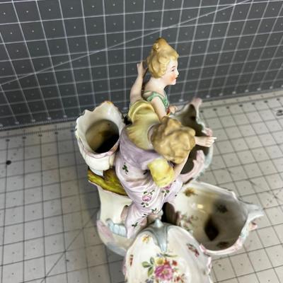 Antique Dresden Decorative Hand Painted Centerpiece Man & Woman with Cornucopias 