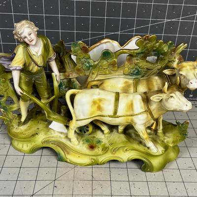 Art Nouveau Saxony Farm Oxen and Man Plowing 