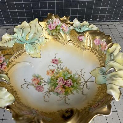 Hand Painted Bavarian Dish with Gold Trim And Inner Floral Pink Roses 