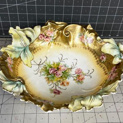 Hand Painted Bavarian Dish with Gold Trim And Inner Floral Pink Roses 