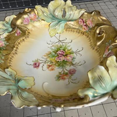 Hand Painted Bavarian Dish with Gold Trim And Inner Floral Pink Roses 