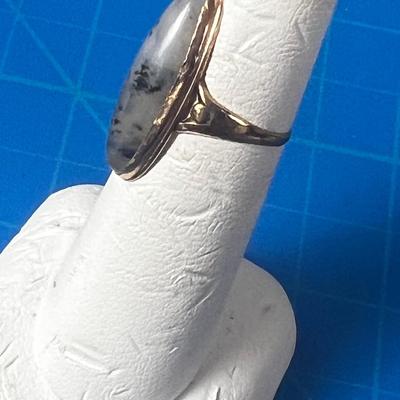 Antique Gold with Black Spotted Quartz Cabochon Oval Women's Ring 