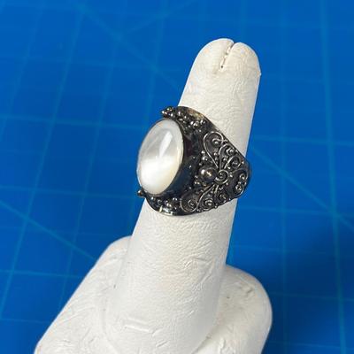 Ring Sterling, Filigree Cigar Band White Moon Stone 