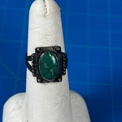Antique Turquoise or Malachite Set in Silver Ring