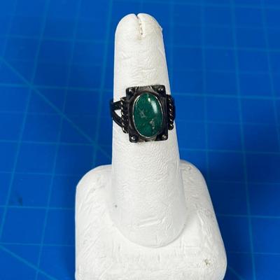Antique Turquoise or Malachite Set in Silver Ring