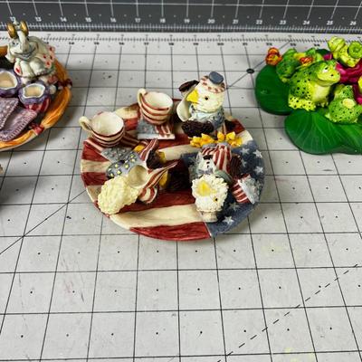 (3) Frogs, American Eagles and Circus Resin Collectible Tiny Tea Parties on Plate 