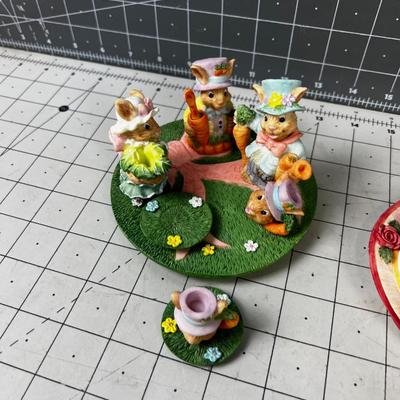 (3) Bears, Bunnies and Birthday  Resin Collectible Tiny Tea Parties on Plate 
