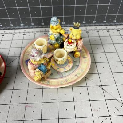 (3) Bears, Bunnies and Birthday  Resin Collectible Tiny Tea Parties on Plate 