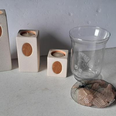 Partylite tea candle tiered candle sconces, Butterfly etched vase and small bag of decorative rock